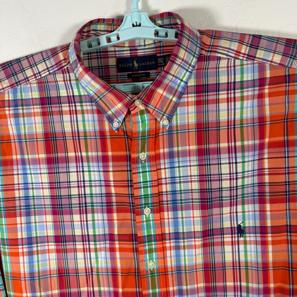 Ralph Lauren Shirt Mens 3XLT Tall Orange Blue Button Down Oxford Plaid Pony - Picture 2 of 11